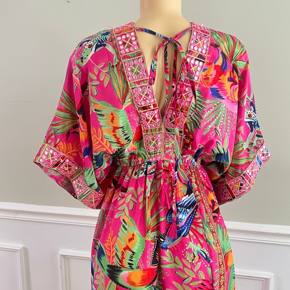 Dress Nado Tropical Bird Mini Dress S Womens Boho Mirror Embroidered Pink Kaftan - Picture 7 of 13